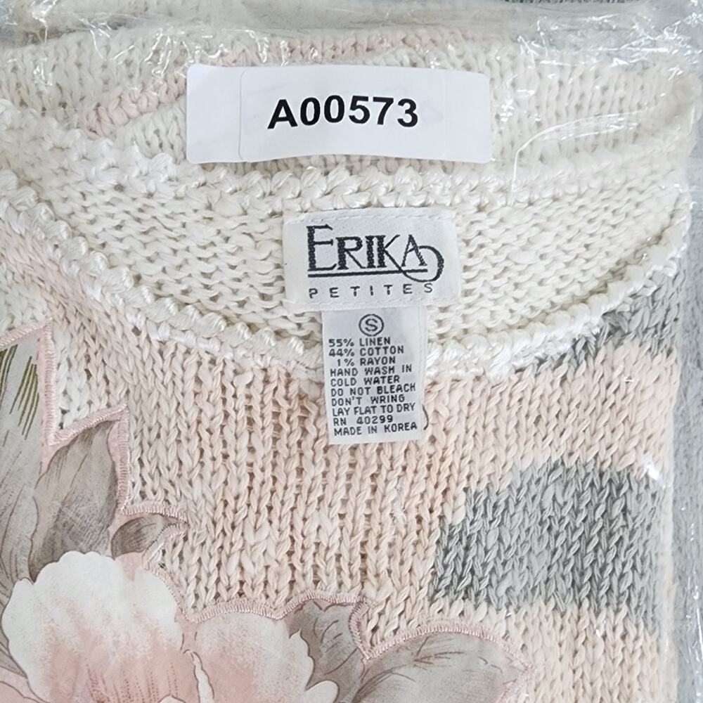 Vintage Erika Sweater Womens S‎ Beige Linen Floral Pearls Beaded Short Sleeve - Picture 8 of 8